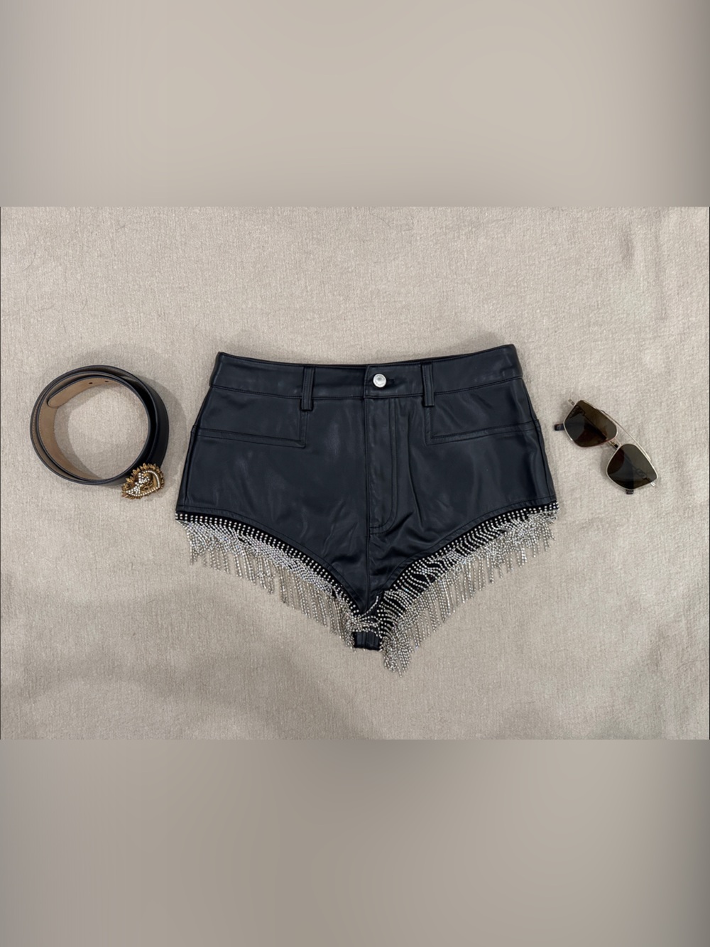 Nasty Gal Black Rhinestone Fringe Shorts